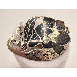 Vintage Thai Niello Sterling Silver Brooch With Traditional Motif Ethnic Jewelry